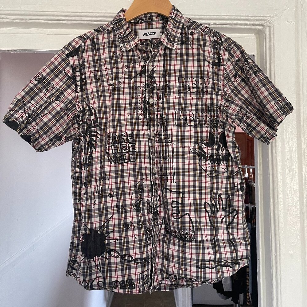 Palace plaid button down shirt with hand drawn sketches